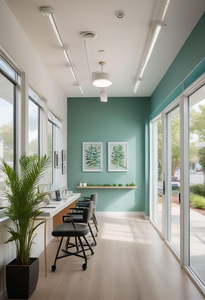 A serene eye care clinic interior showcasing a diverse group of happy patients receiving eye examinations, bright and inviting with modern equipment, vibrant posters on the wall displaying clear vision benefits. A calming color palette with greenery accents, reflecting hope and transformation. soft, natural light streaming through large windows. super-realistic. vibrant colors. minimalistic background.