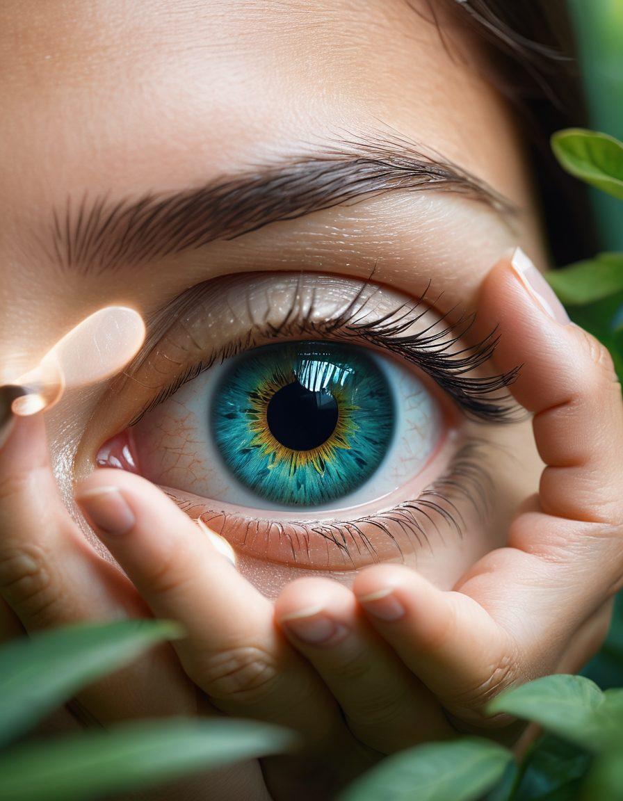 A serene eye care scene featuring a pair of hands gently cradling a glowing eye, surrounded by calming blue and green tones symbolizing wellness. Include elements like plants representing nature, a subtle background of vision charts and eye consultation tools. Emphasize clarity and harmony to communicate the message of eye wellness. super-realistic. vibrant colors. soothing background.